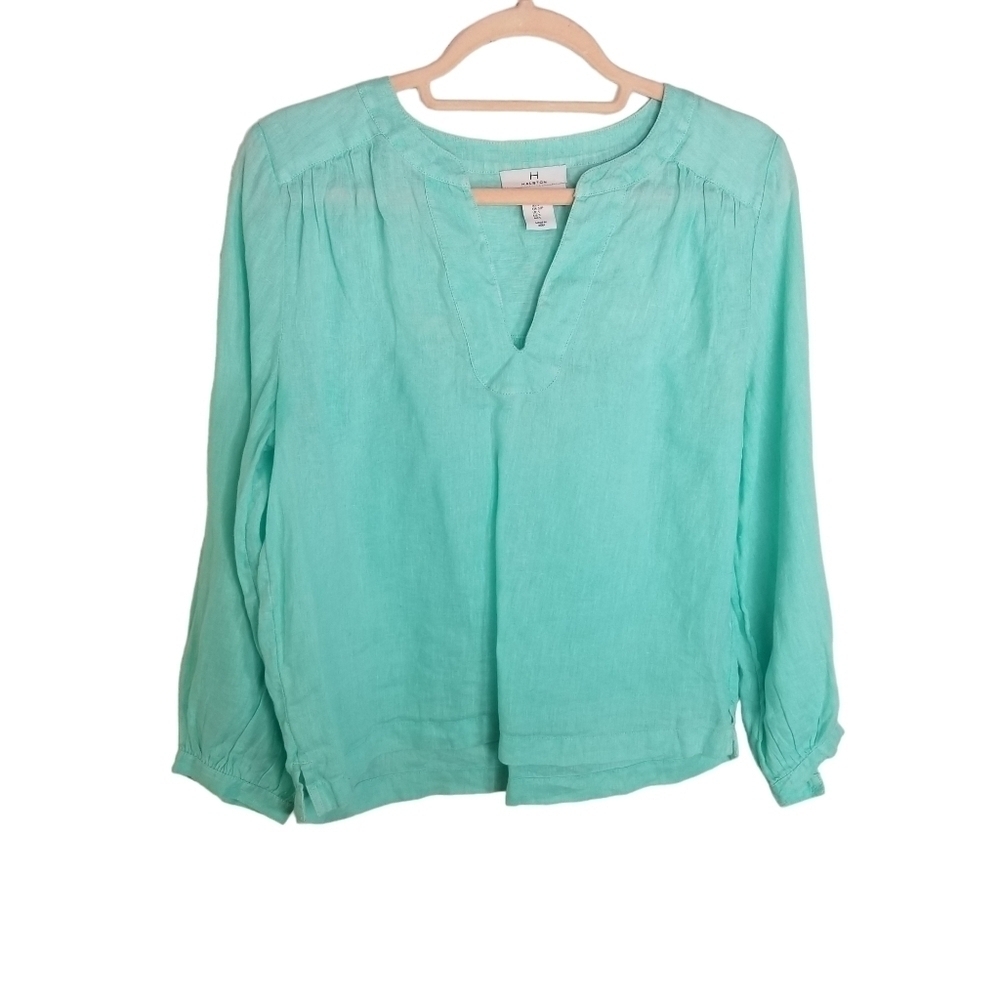 H by Halston seafoam mint green linen popover tunic